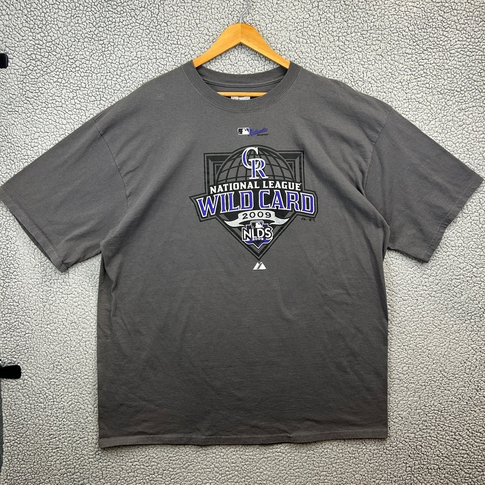 Majestic‎ T-Shirt Men's Dark Gray 2XL Colorado Rockies 2009 NL Wild Card Cotton